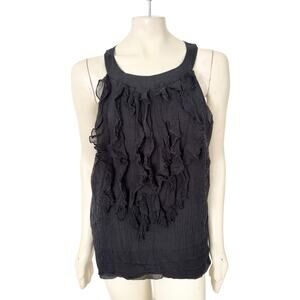 VTG ECI New York 100% Silk Cascade Ruffle Open Back Black Chiffon Blouse  SZ 16